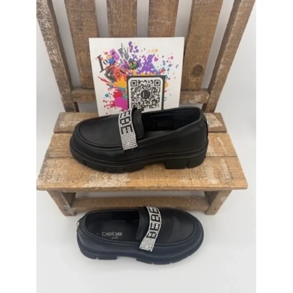 Bebe Girls Black‎ Lug Sole Loafers Rhinestone Logo Strap Size 11 Toddler Little